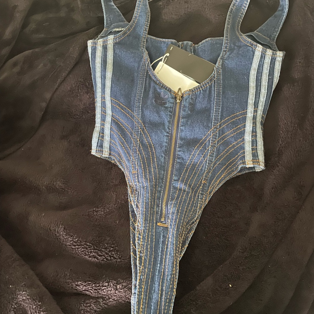 Adidas X Ivy Park Rodeo Denim Bodysuit Dark Denim Women Size S